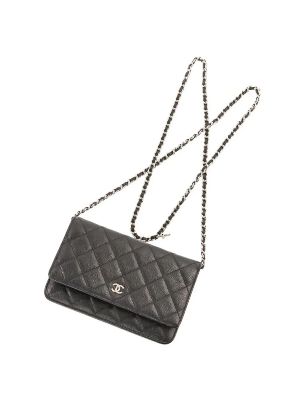 Chanel CC Logo Caviar Leather Quilted Classic Chain Wallet Black Shoulder